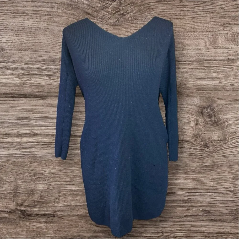 Club Monaco Black‎ Ribbed Knit Strech Dress V-Neck 3/4 Sleeves Merino Wool Sz M